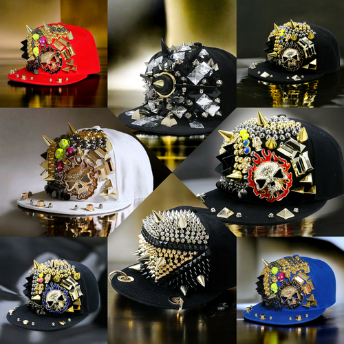 Skulls Spikes and Bling Rivet Flat Brim Snapback Cap: A Daring Luxe Punk  Accessory for Bold Personalities with Edgy Fashion