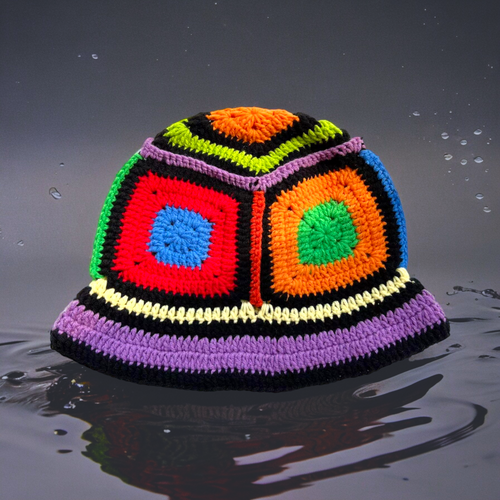 Knitted Colorful Squares Bucky Cap: Handcrafted-Patchwork Look Bucket Hat with Vibrant Hues for Artisanal Comfort and Style