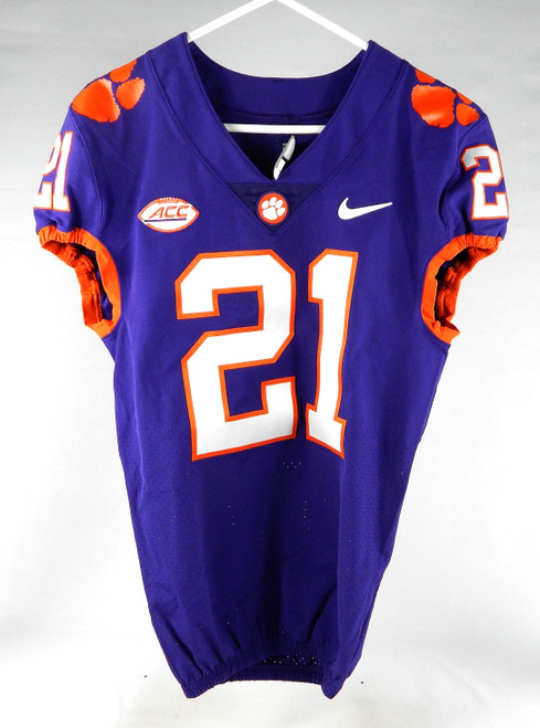 2018-22 Clemson Tigers #21 Game Issued Purple Jersey Name Plate Removed 38 652