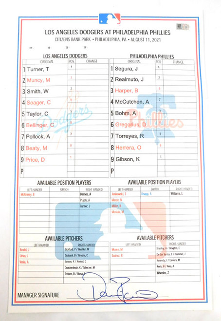 LA Dodgers @ Philadelphia Phillies MLB Game Issued Line Up Card August 11, 2021