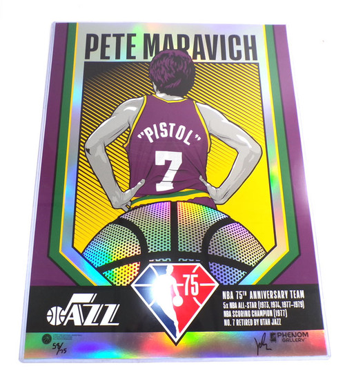 Pete Maravich Utah Jazz 75th Anniversary Foil Serigraph 18" x 14" Artist Signed