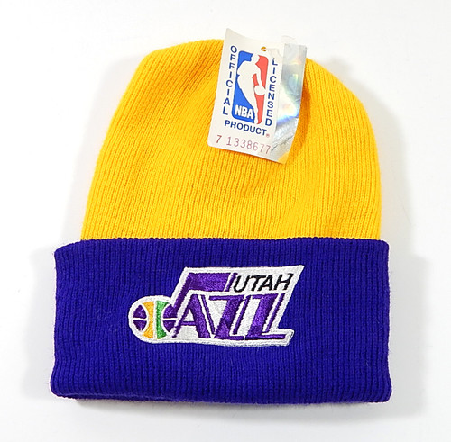 1990's Utah Jazz Rossmor NBA Vintage Winter Beanie Hat Purple Yellow NOS