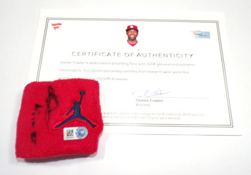 Signed 2019 Dester Fowler Cardinals Game-Used Red/Blue Nike Wristband  w/COA's