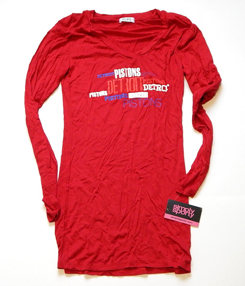 Detroit Pistons Script Logo Simply Sporty V-Neck LS Shirt Red New Womens M