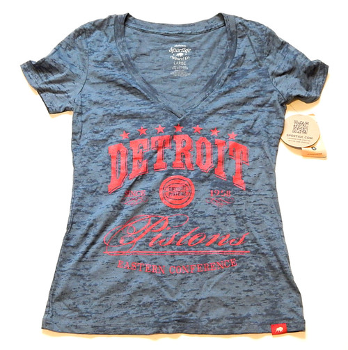 Detroit Pistons Since 1958 Retro Burnout Sportiqe V-Neck Shirt New Womens L