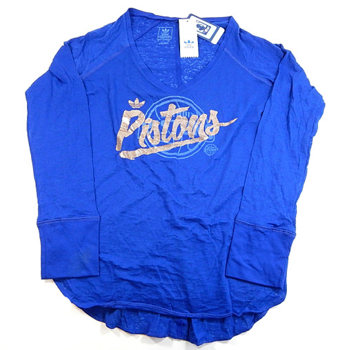 Detroit Pistons Gold Foil Logo Adidas NBA V-Neck LS Shirt Blue New Womens XXL