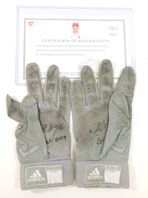 2019 Kolten Wong STL Cardinals Game-Used Steel Gray Adidas Batting Gloves AUTO