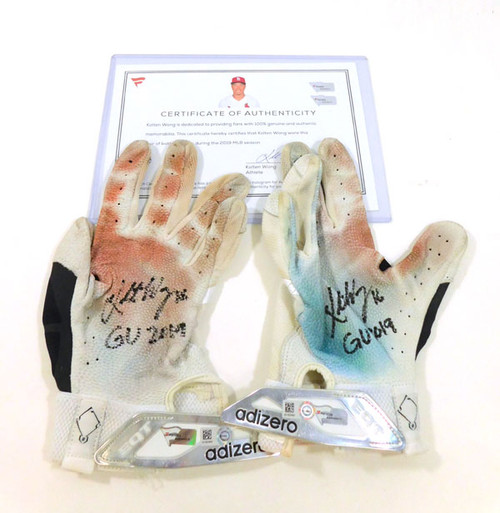 2019 Kolten Wong STL Cardinals Game-Used Wh/Blk Adidas Batting Gloves AUTO