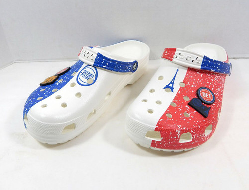 2023 Detroit Pistons Crocs Team Issued w/ L.E. Jibbitz White/Blue/Red Shoes 14