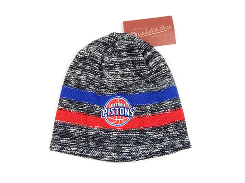 Detroit Pistons Static Team Stripe Mitchell & Ness Knit Beanie Winter Hat New