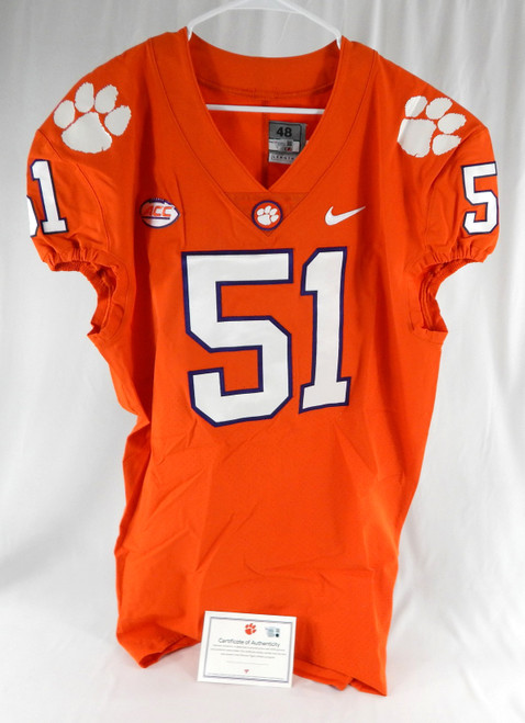2017-22 Clemson Tigers #51 Game Issued Pos Used Orange Jersey Football NP Rem 7