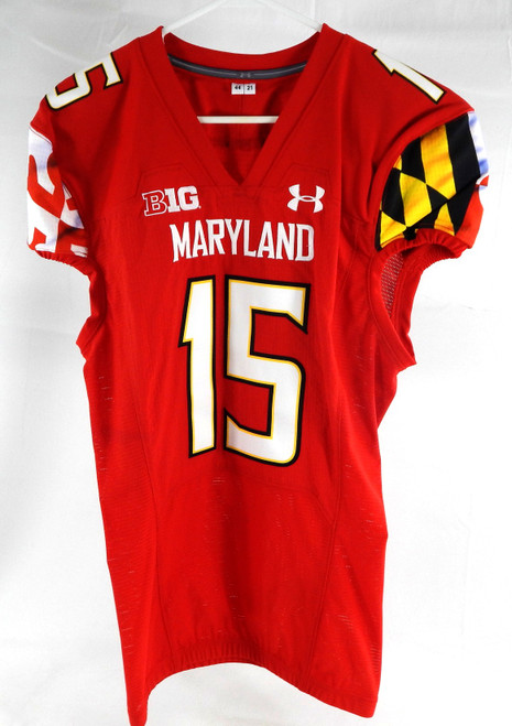 2021 Maryland Terrapins #15 Game Issued Red Jersey Football 44 487