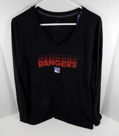 New Womens Ladies New York Rangers Black Long Sleeve V-Neck Shirt Adidas L NWT