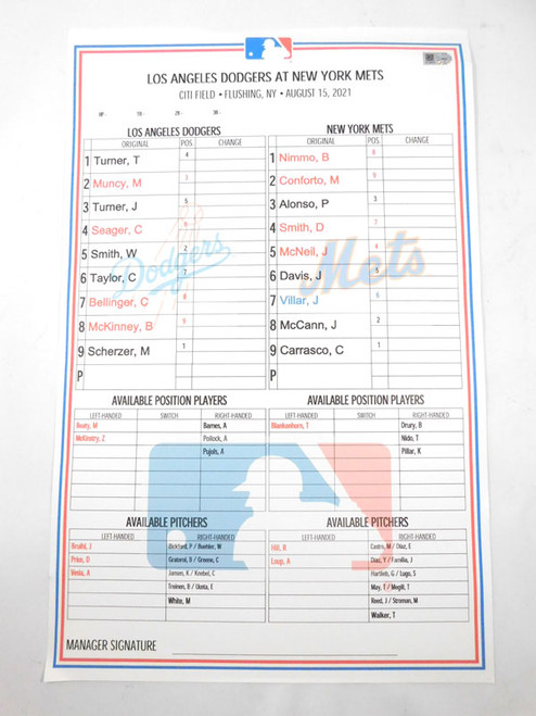 LA Dodgers @ NY Mets MLB Game Issued 8-15-21 Line Up Card DM84387