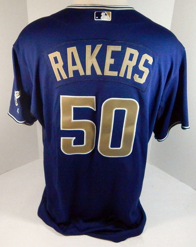 2007 San Diego Padres Aaron Rakers #50 Game Issued Navy Jersey SDP1093