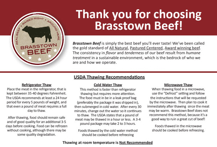 Brasstown Beef - USDA Thawing Recommendations