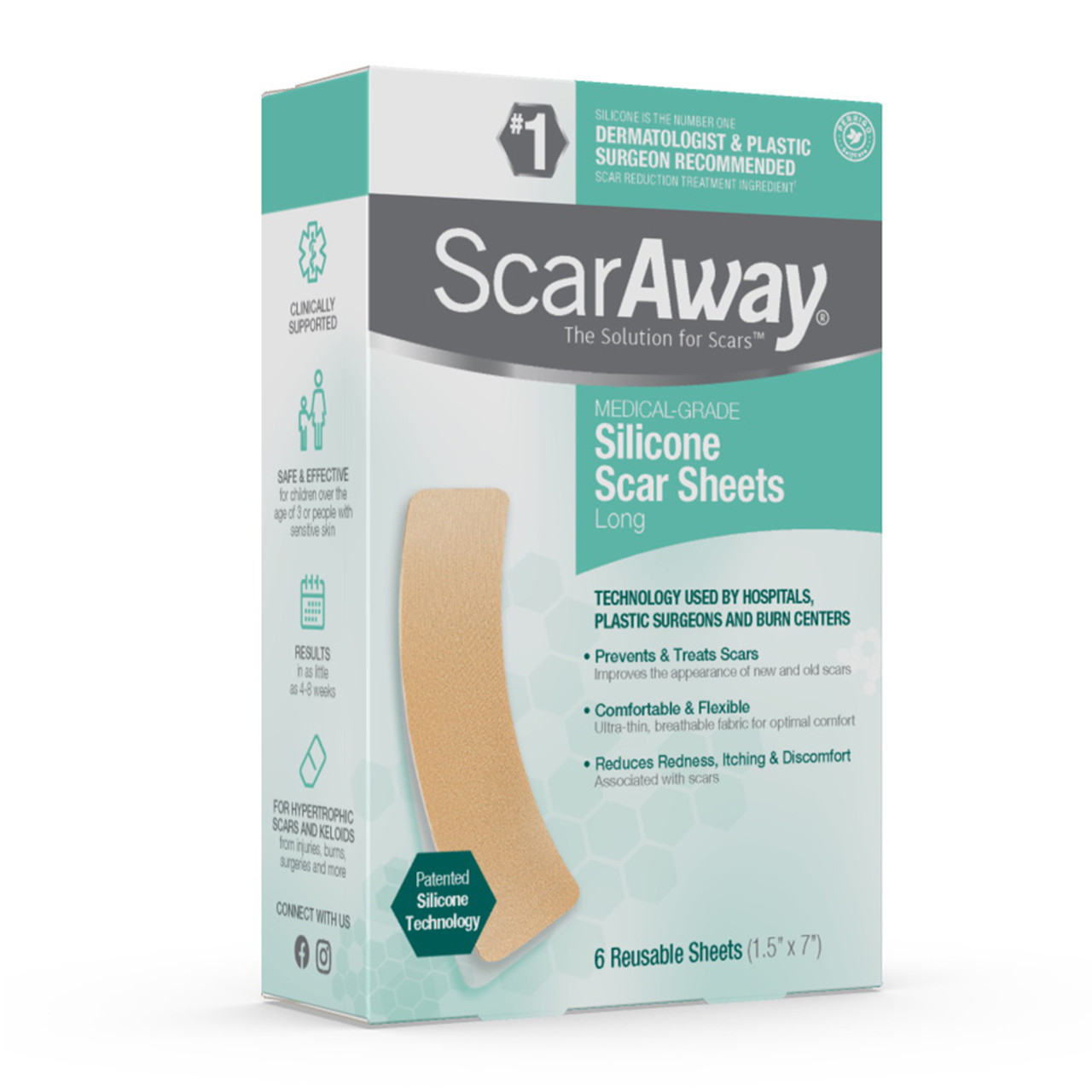 ScarAway Long Silicone Scar Sheets 1.5 Inch x 7 Inch, 6 Ea 