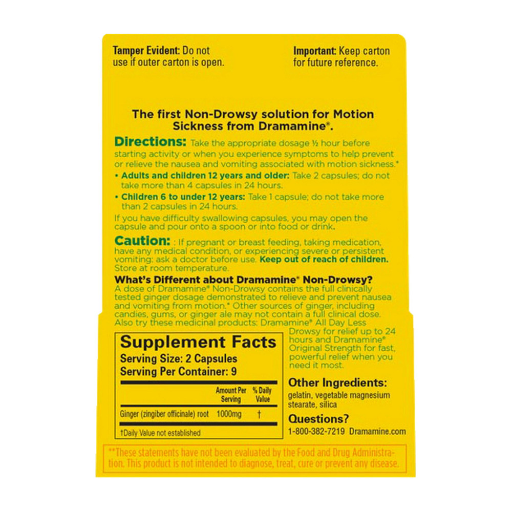 Dramamine NonDrowsy Naturals With Natural Ginger Capsules, 18 Ea