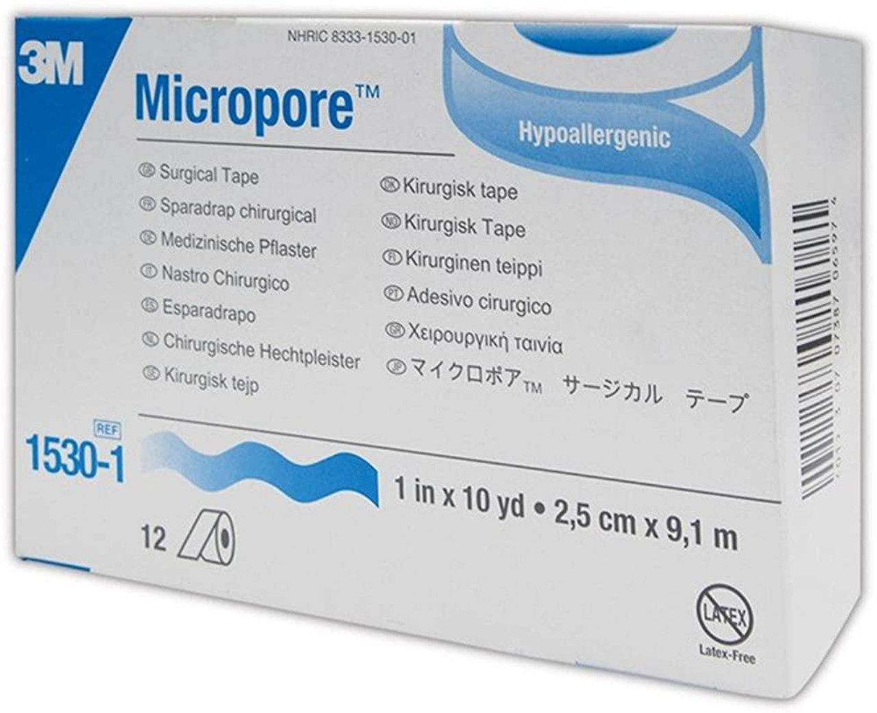 3M Micropore Paper, Hypoallergenic Surgical Tape White, 1 Inch X 10 Yards -  12 Pieces