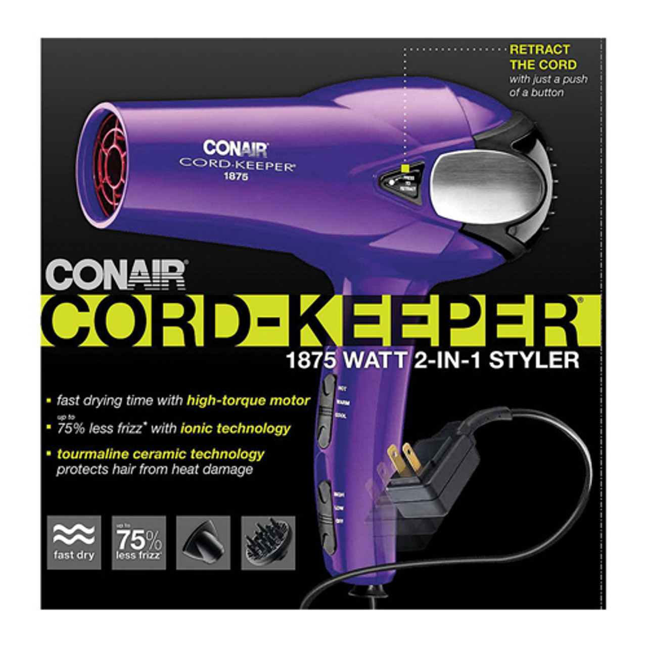 Conair Cord Keeper 1875 Watt 2In1 Styler Hair Dryer, Purple, 1 Ea