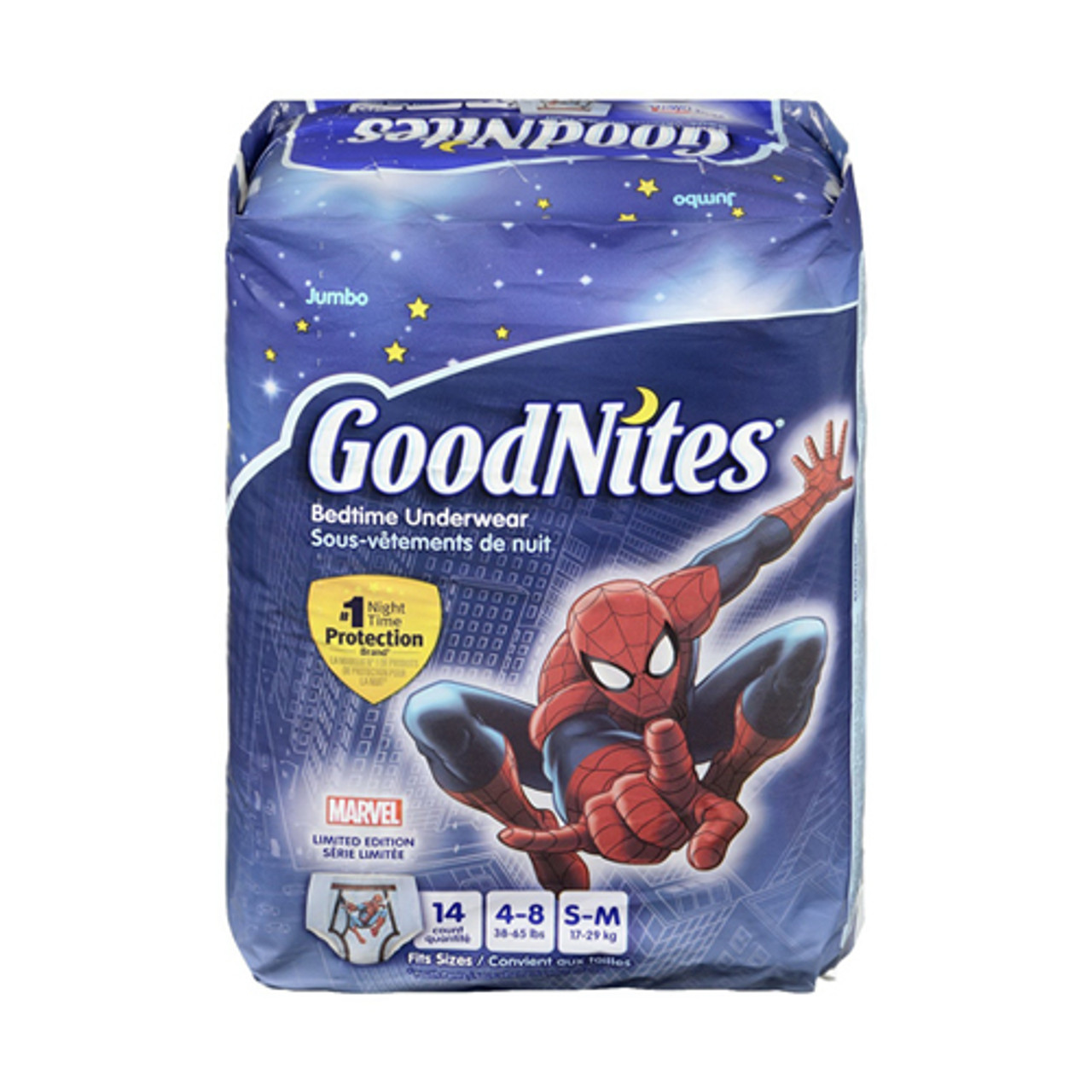 Goodnites Boys Bedtime Underwear Jumbo 38-65 Lbs Spider Man, Small/Medium -  14 Ea 