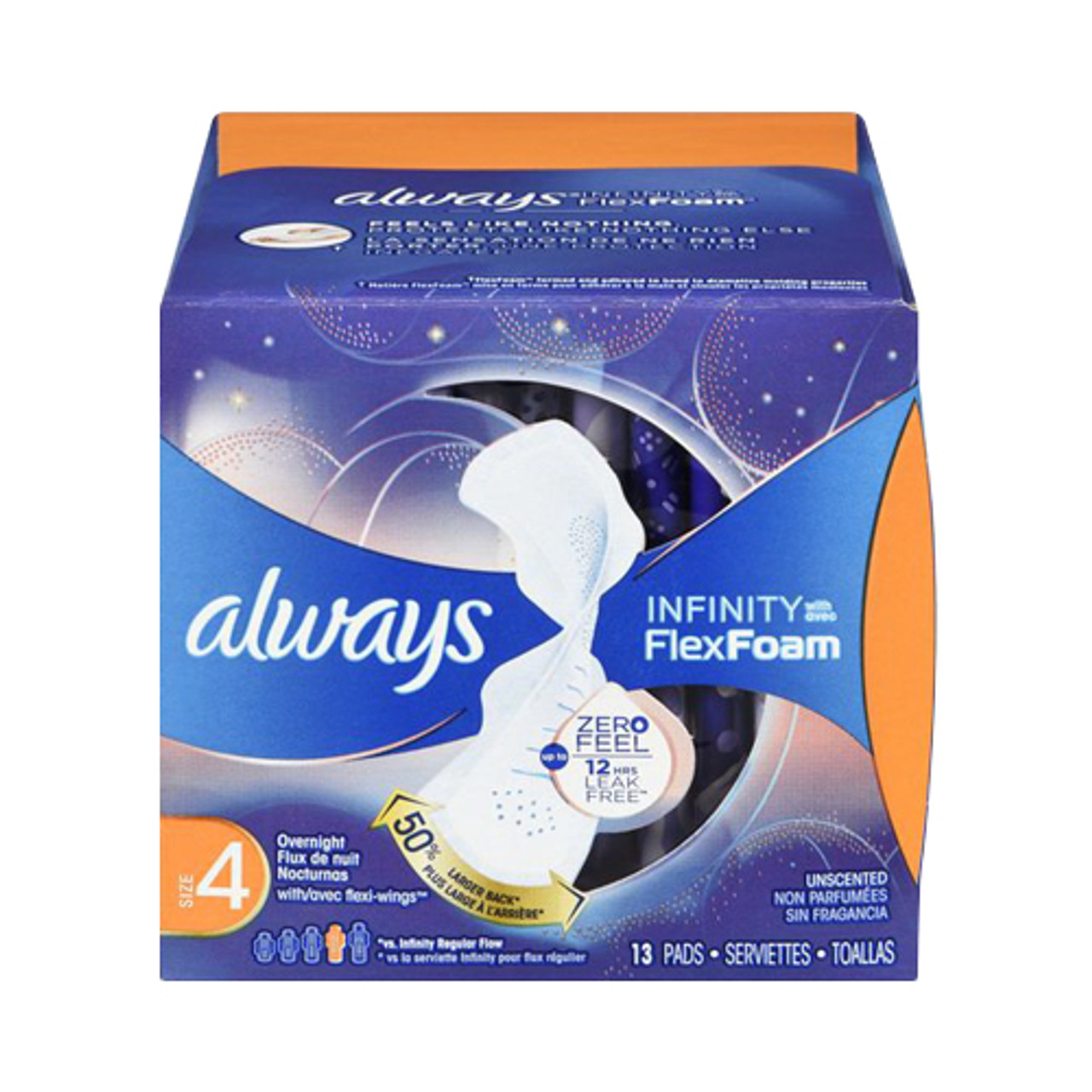 Always Overnight Infifnity Flex foam Pads Size 4, 13 Pads, 12 pack 