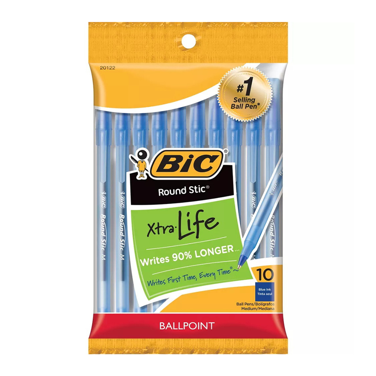 Bic Round Stic Xtra Life Medium Ballpoint Pen, Blue Ink, 10 Ea