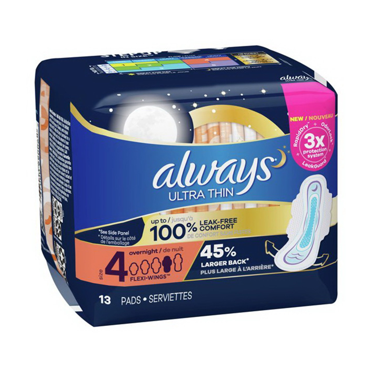 Always Ultra Thin Pads Overnight Absorbency Unscented with Wings