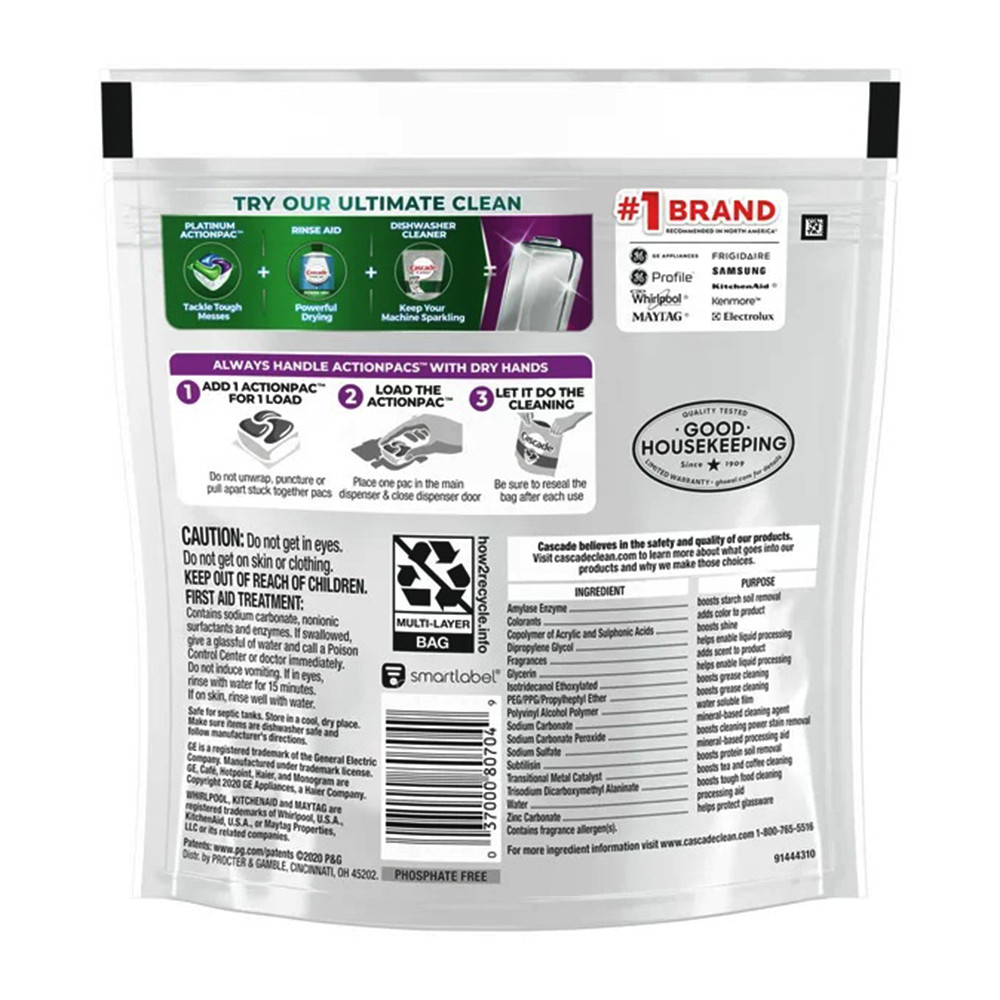 Cascade Platinum ActionPacs Dishwasher Detergent, Fresh, 14 Ea