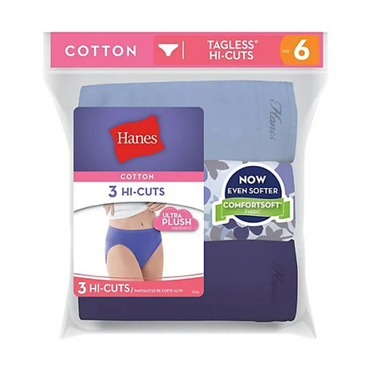 Hanes Womens Cotton Hi-Cuts Breifs, 6 Size Pack, Assorted Colors, 3 Ea