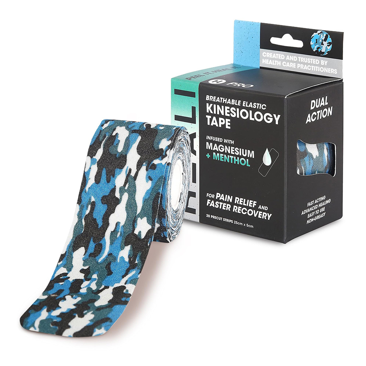 Heali Kinesiology Tape Infused with Magnesium and Menthol, Blue Camo, 1 Ea