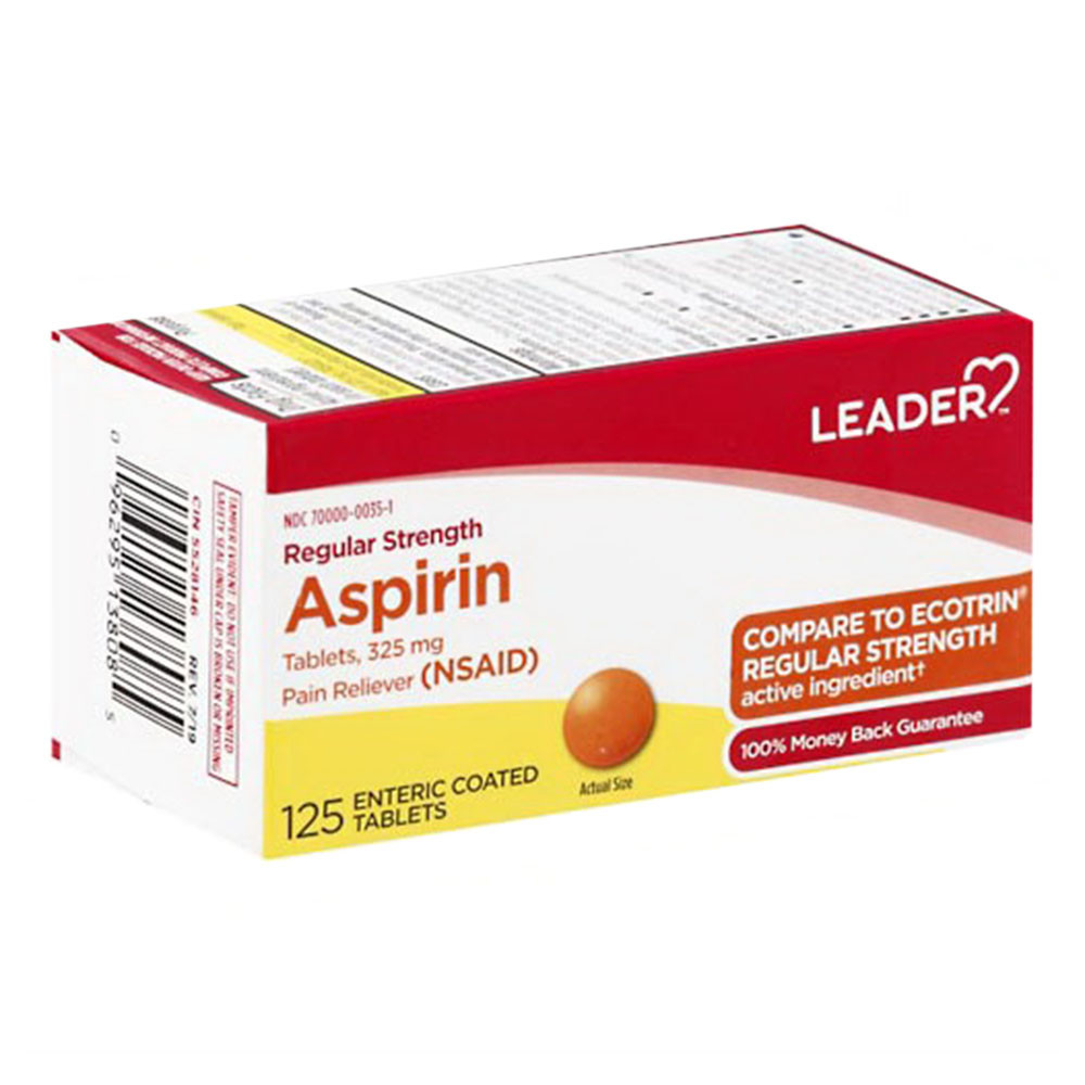 Leader Regular Strength Aspirin 325 Mg, Enteric Coated Tablets, 125 Ea
