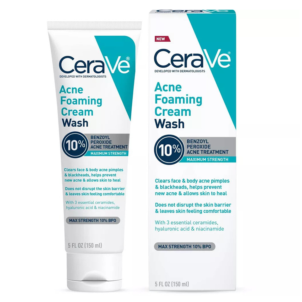 CeraVe Acne Foaming Cream Wash with 10% Benzoyl Peroxide for Face and Body Fragrance Free, 5.0 Oz