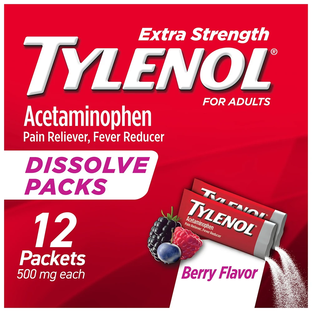 Tylenol Extra Strength Pain Reliever Caplets with Acetaminophen, Berry Flavor, 12 Ea