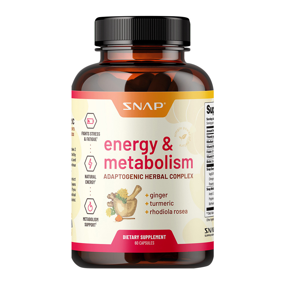Snap Energy and Metabolism Booster Capsules, Adaptogenic Herbs Ginger Turmeric, 60 Ea