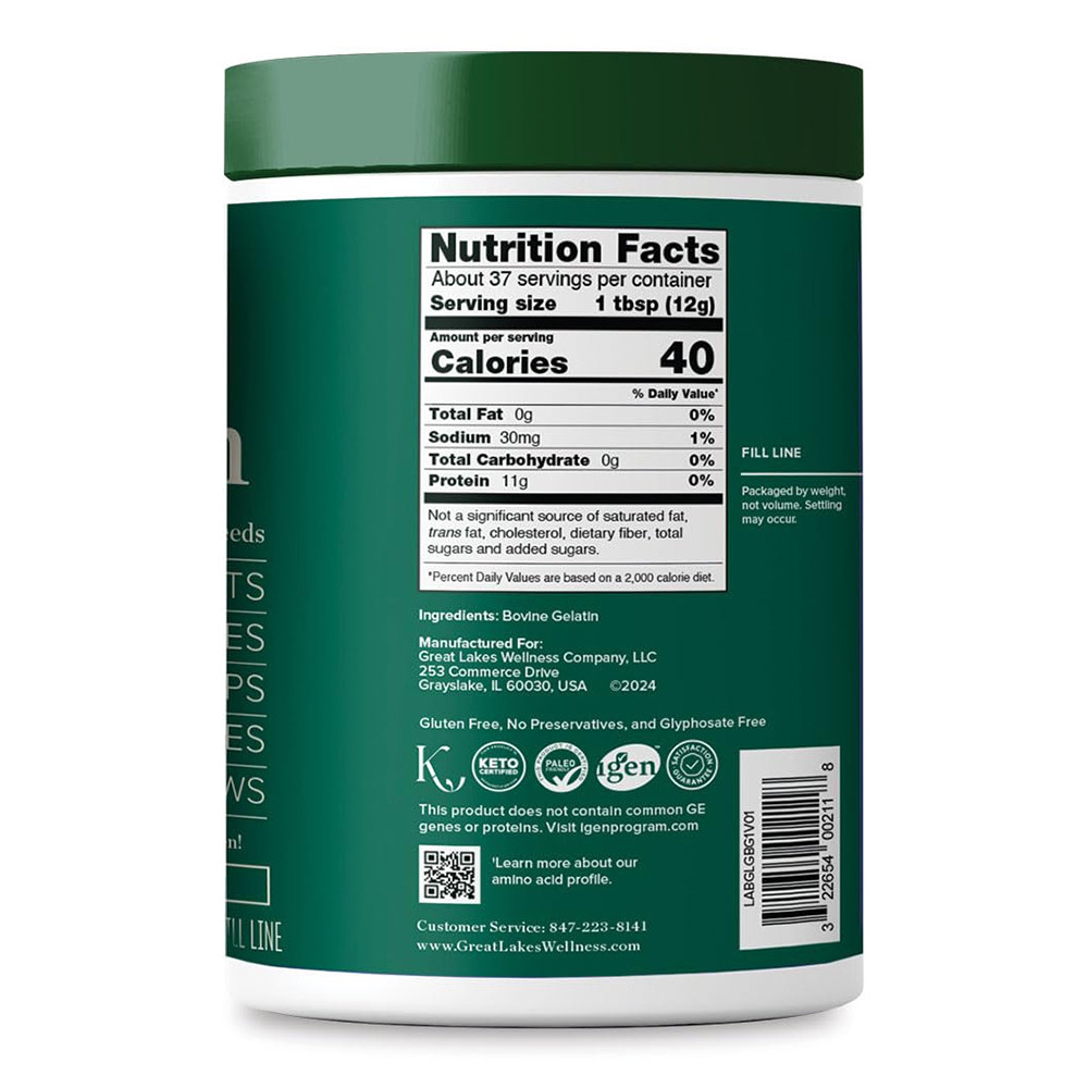 Great Lakes Wellness Gelatin Powder for Culinary Needs for Desserts Gummies Soups Sauces Marshmallows Unflavored 16Oz (454g)