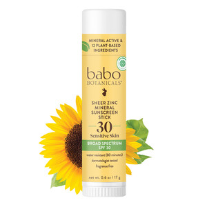 Babo Botanicals Sheer Zinc Mineral Sunscreen Stick SPF 30 for Sensitive Skin Fragrance Free 0.6Oz (17g)