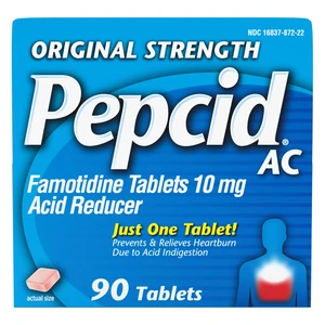 Pepcid AC Acid Reducer Original Strength Famotidine 10mg Tablets Relieves Heartburn 90Ea
