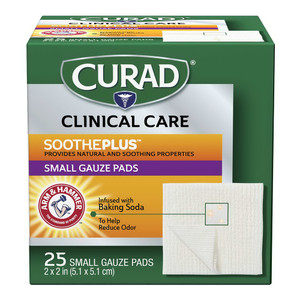 Curad Small Gauze Pads with Baking Soda 2 Inch x 2 Inch for Soothing Absorbing and Odor Control 25Ea