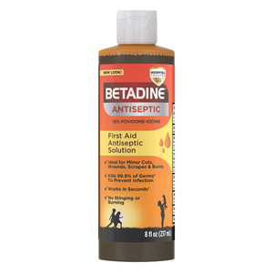 Betadine First Aid Antiseptic Solution 10 Percent Povidone Iodine for Minor Cuts Scrapes Wounds and Burns 8Oz (237ml)