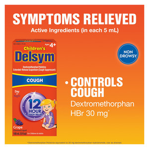 Delsym Childrens 12 Hour Cough Relief Suppressant Liquid Grape Flavored 5Oz (148ml)