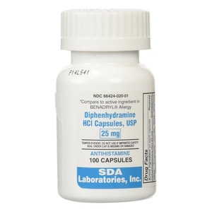 SDA Laboratories Diphenhydramine HCl Capsules USP 25 mg Antihistamine Allergy Relief Capsules 100Ea