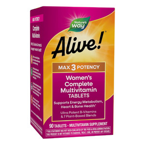 Natures Way Alive Max3 Potency Womens Multivitamin Tablets for Energy Metabolism Heart and Bone Support 90Ea
