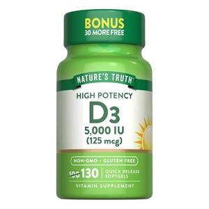 Natures Truth High Potency Vitamin D3 5000 IU Vitamin Supplement Softgels Support Joint Health 130Ea