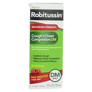 Robitussin Maximum Strength Cough Plus Chest Congestion DM Relief Liquid Raspberry Flavor 4Oz (118ml)