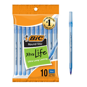 Bic Round Stic Xtra Life Medium Ballpoint Pens Blue Ink for Reliable Everyday Writing 10Ea