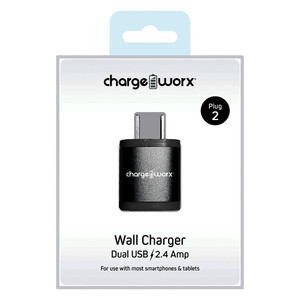 Chargeworx 2.4Amp Dual USB Wall Charger Silver Color for use with Smartphones Tablets and Game Consoles 1Ea