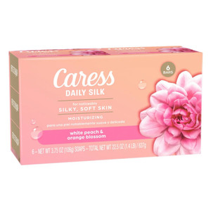Caress Daily Silk Soap Bars with White Peach and Orange Blossom for Gentle Cleansing and Silky Soft Skin 3.75Oz (106g) 6Ea