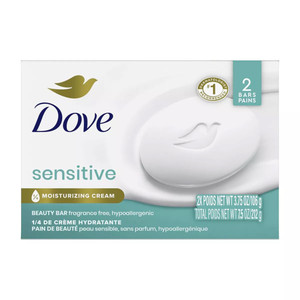 Dove Sensitive Skin Beauty Bar Moisturizing Cream Hypoallergenic Formula Gently Cleanses Fragrance Free 3.75Oz (106g), 2Ea