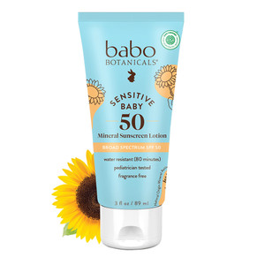 Babo Botanicals Sensitive Baby Mineral Sunscreen Lotion SPF50 with Zinc Oxide and Moisturizing Sunflower Oil 3Oz (89ml)